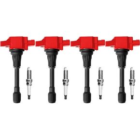 ENA 4 Red Ignition Coil Pack and Double Iridium Spark Compatible with Nissan 2007 2008 2009 2010 2011 2012 2013 2014 2015 2016 2017 2018 2019 Altima Rogue Sentra Cube Versa 2.5L 2.0L 1.6L 1.8L L4