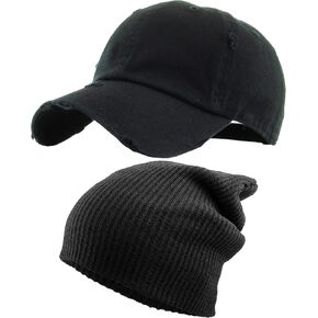 KBETHOS Bundle Pack Vintage Distressed Black Cotton Hat Black Soft Knit Slouchy Cuffed Beanie Mens Womens Unisex One Size Adjustable