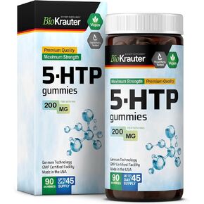 5 أقراص علكة مكملة لـ 5 HTP - 5-HTP 200 ملغ - دعم النوم 5 HTP Plus L Tryptophan Supplement - معزز السيروتونين للبالغين - 90 قطعة مضغ نباتية تعتمد على البكتين in Kuwait