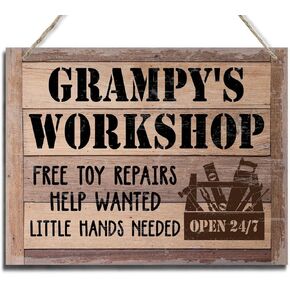 Rustic Sign, Father's Day Gift, Dad's Gift, Grandpa's Gift, Hanging Printed Wood Wall Art Sign, Paw paw's Workshop Free Toy Repairs Help Wanted Little Hands Needed, Vintage Sign Gift for Grandpa