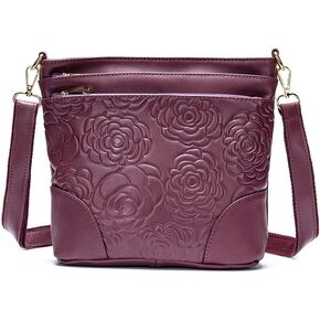 Women Genuine Leather Shoulder Bag Floral-Embossed Crossbody Bag Handbag Purse for Women