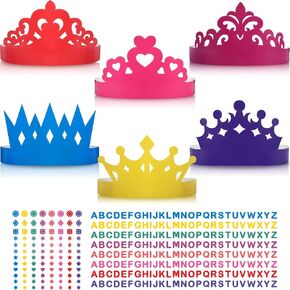 Outus 12 Pieces Princess Prince Crown Tiara Craft Kits Paper DIY Party Crown Hats Birthday Party Decoration Favor Supplies with 8 Pieces Label Stickers for Kids and Adults