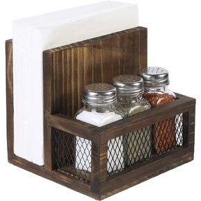 Napkin Holder, Farmhouse Multifunctional Napkin Holder with Salt and Pepper Shakers Holder for Home and Commercial Use, Rustic Solid Burnt Wood & Diamond Metal Wire Mesh