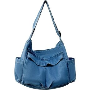 Canvas Shoulder Bags for Women Large Capacity Crossbody Bag Multi Pocket Messenger Bag Travel Denim Tote Bag