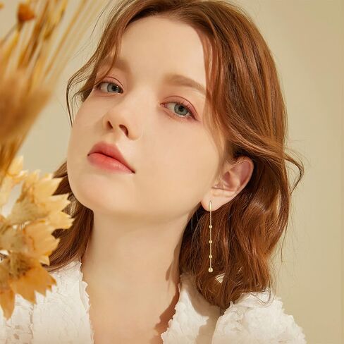 أقراط متدلية من الذهب الحقيقي عيار 14 قيراط للنساء أقراط خيط مع أقراط سلسلة طويلة من الخرز in Kuwait