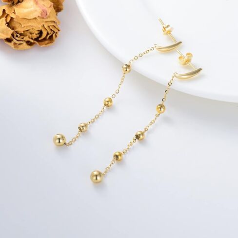 أقراط متدلية من الذهب الحقيقي عيار 14 قيراط للنساء أقراط خيط مع أقراط سلسلة طويلة من الخرز in Kuwait