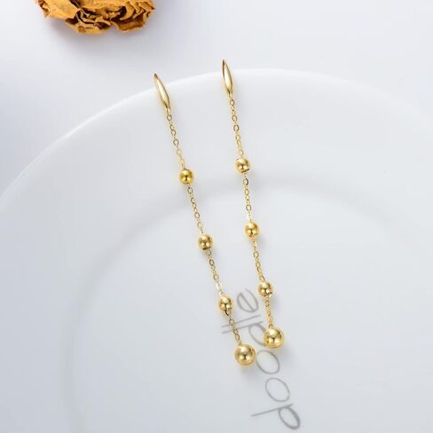 أقراط متدلية من الذهب الحقيقي عيار 14 قيراط للنساء أقراط خيط مع أقراط سلسلة طويلة من الخرز in Kuwait