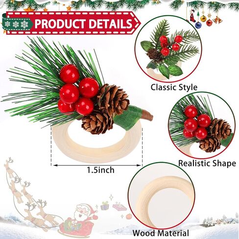 Junebrushs 12pcs حلقات منديل عيد الميلاد، عيد الميلاد الصنوبر التوت الأحمر، هولي أجراس منديل حلقة حامل ديكور للعشاء عيد الميلاد لوازم حفلات عيد الميلاد منديل حامل عطلة ديكور الطاولة in Saudi Arabia