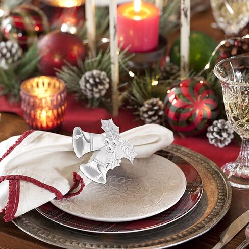 JUNEBRUSHS 12pcs Christmas Napkin Rings, Christmas Pines Red Berries, Holly Bells Napkin Ring Holder Decor for Dinner Christmas Party Supplies Xmas Napkin Holder Holiday Table Decor in Saudi Arabia