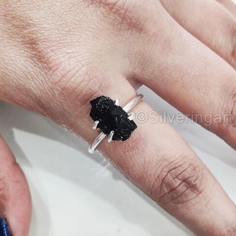 Natural Black Tourmaline Ring, Rough Tourmaline Ring, October Birthstone, Bohemian Ring, 925 Sterling Silver, Womens Ring, Christmas, Thanksgiving, Handmade, Statement Jewelry, Raw Gemstone Jewelry in Saudi Arabia