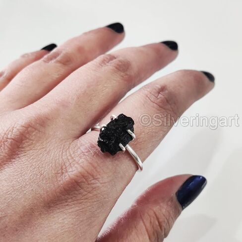 Natural Black Tourmaline Ring, Rough Tourmaline Ring, October Birthstone, Bohemian Ring, 925 Sterling Silver, Womens Ring, Christmas, Thanksgiving, Handmade, Statement Jewelry, Raw Gemstone Jewelry in Saudi Arabia