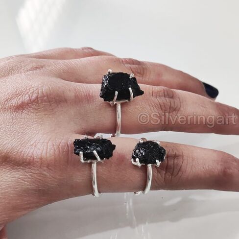 Natural Black Tourmaline Ring, Rough Tourmaline Ring, October Birthstone, Bohemian Ring, 925 Sterling Silver, Womens Ring, Christmas, Thanksgiving, Handmade, Statement Jewelry, Raw Gemstone Jewelry in Saudi Arabia