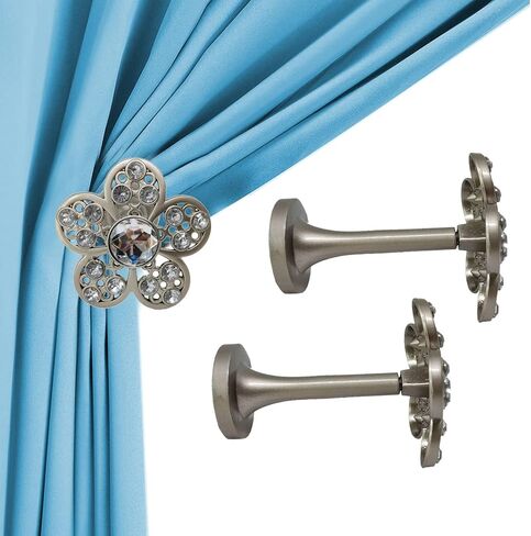 YYC 1Pair Elegant Flower Drapery Medallion Holdbacks Decorative Crystal Window Treatment Holdbacks Simple Wall Hooks (Silver) in Kuwait