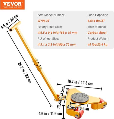 VEVOR Machinery Skate Dolly، 6614 LBS/3T محرك الآلات الصناعية مع مقبض، آلات الصلب الكربوني تتحرك تزلج مع 3 عجلات بولي يوريثان دوارة 360 درجة، غطاء غير قابل للانزلاق يدور 360 درجة للمستودع، ورشة العمل in Saudi Arabia