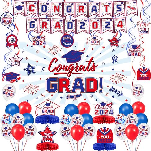 Graduation Decorations Class of 2024 - Black and Gold Graduation Decorations Set Congrats Grad Banner & Backdrop, Hanging Swirl, Balloons, Honeycomb Centerpieces for Congrats Grad Party Decorations in Kuwait