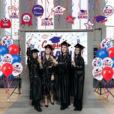 Graduation Decorations Class of 2024 - Black and Gold Graduation Decorations Set Congrats Grad Banner & Backdrop, Hanging Swirl, Balloons, Honeycomb Centerpieces for Congrats Grad Party Decorations in Kuwait