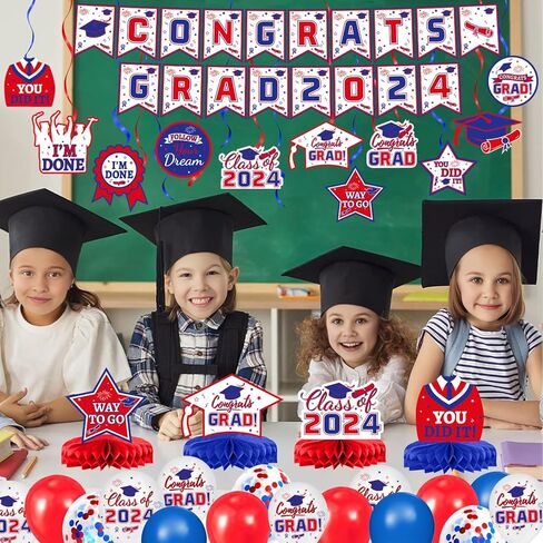 Graduation Decorations Class of 2024 - Black and Gold Graduation Decorations Set Congrats Grad Banner & Backdrop, Hanging Swirl, Balloons, Honeycomb Centerpieces for Congrats Grad Party Decorations in Kuwait