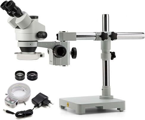Swift S7 3.5X-90X Professional Simul-Focal Trinocular Stereo Zoom Microscope with WH10x Eyepieces, 0.7X-4.5X Objective,144 LED Ring Light, Double Arm Boom Stand, Includes 0.5X and 2.0X Barlow Lens in Saudi Arabia