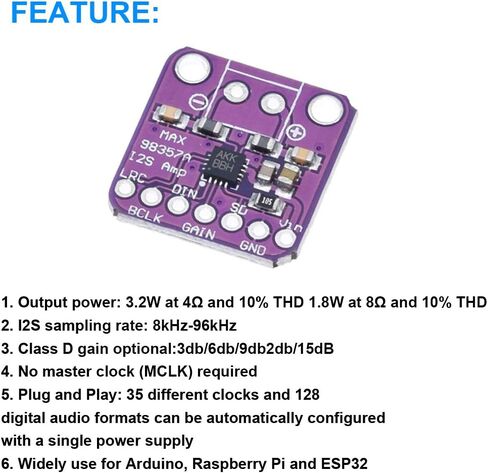 2PCS MAX98357 Audio Power Amplifier Module I2S Class D Filterless Audio Amplifiers Board for Arduino, Raspberry Pi, Esp32 with Dupont Cable in Saudi Arabia