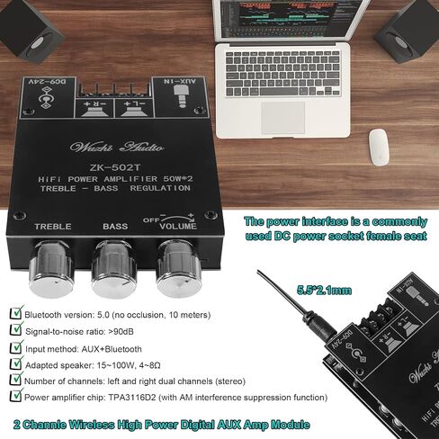 ZK-502T 50W+50W لوحة مضخم صوت ستيريو مع تحكم ثلاثي وباس، DC 9-24V BT ومدخل AUX، لوحة BT 5.0 AMP للوحة مكبرات الصوت اللاسلكية DIY، سهلة التركيب وخالية من كلمة المرور in Saudi Arabia
