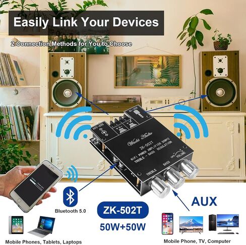 ZK-502T 50W+50W لوحة مضخم صوت ستيريو مع تحكم ثلاثي وباس، DC 9-24V BT ومدخل AUX، لوحة BT 5.0 AMP للوحة مكبرات الصوت اللاسلكية DIY، سهلة التركيب وخالية من كلمة المرور in Saudi Arabia