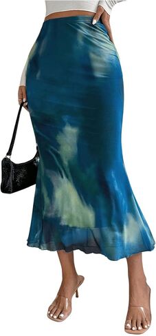 Verdusa Women's Elastic High Waist Tie Dye Mesh Fishtail Bodycon Long Skirt in Kuwait