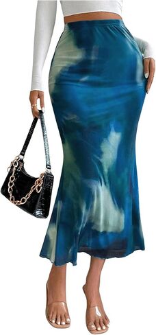 Verdusa Women's Elastic High Waist Tie Dye Mesh Fishtail Bodycon Long Skirt in Kuwait