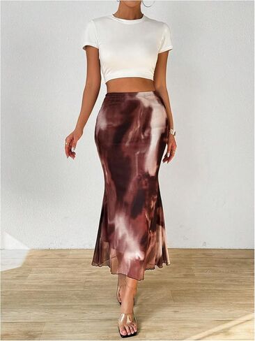 Verdusa Women's Elastic High Waist Tie Dye Mesh Fishtail Bodycon Long Skirt in Kuwait