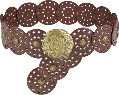 Wide Disc Belt for Women Leather Hollow Out Round Belt Boho Western Waist Belt in Saudi Arabia