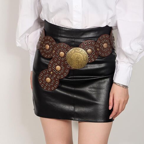 Wide Disc Belt for Women Leather Hollow Out Round Belt Boho Western Waist Belt in Saudi Arabia