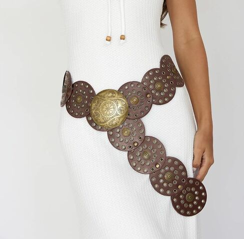 Wide Disc Belt for Women Leather Hollow Out Round Belt Boho Western Waist Belt in Saudi Arabia