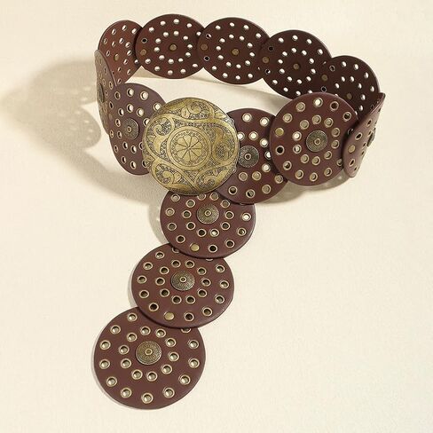 Wide Disc Belt for Women Leather Hollow Out Round Belt Boho Western Waist Belt in Saudi Arabia