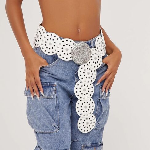 Wide Disc Belt for Women Leather Hollow Out Round Belt Boho Western Waist Belt in Saudi Arabia