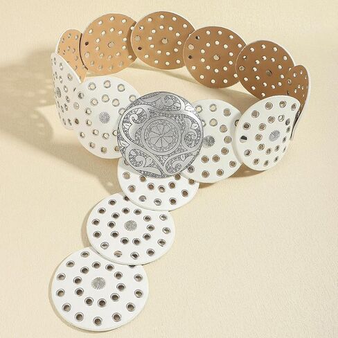 Wide Disc Belt for Women Leather Hollow Out Round Belt Boho Western Waist Belt in Saudi Arabia