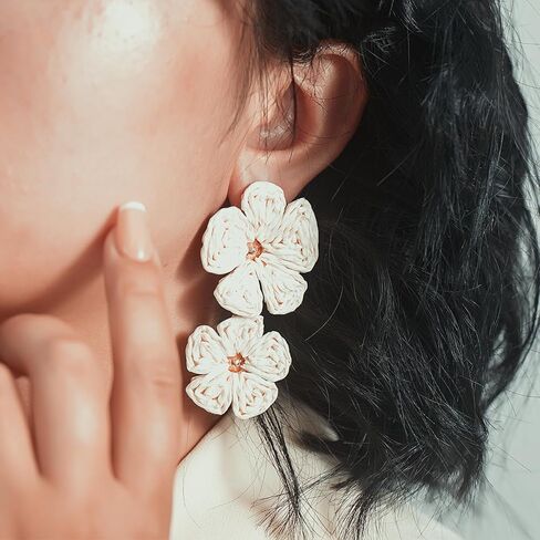 Flower Drop Earrings Floral Raffia Earrings Boho Statement Dangle Earrings Trendy Cute Summer Jewelry for Women in Kuwait