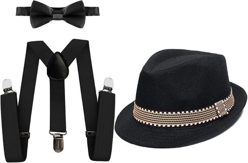 MYRISAM Kids 1920's Themed Party Costume Accessories Set Fedora Gangster Hat Adjustable Suspenders Bow Tie 3pcs Outfits in Saudi Arabia