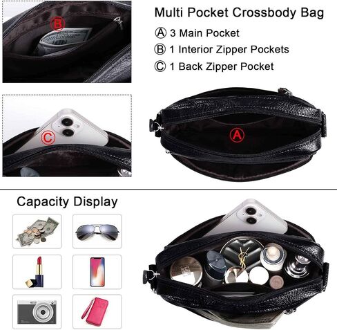 Women's Triple Zip Small Crossbody Bag with Wide Strap Camera Purse Genuine Leather Handbags Shoulder Satchel in Saudi Arabia