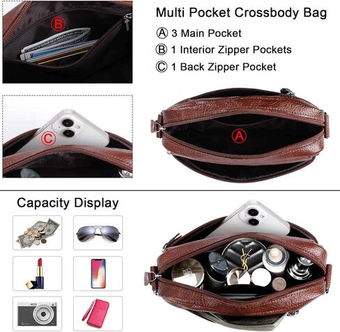 Women's Triple Zip Small Crossbody Bag with Wide Strap Camera Purse Genuine Leather Handbags Shoulder Satchel in Saudi Arabia