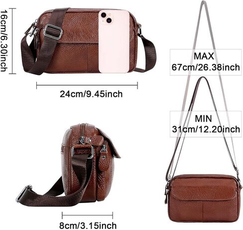 Women's Triple Zip Small Crossbody Bag with Wide Strap Camera Purse Genuine Leather Handbags Shoulder Satchel in Saudi Arabia