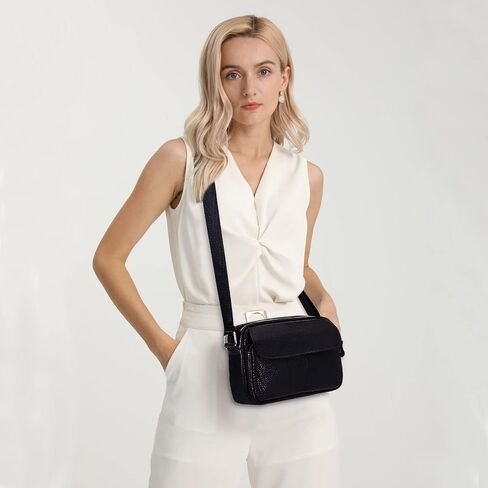 Women's Triple Zip Small Crossbody Bag with Wide Strap Camera Purse Genuine Leather Handbags Shoulder Satchel in Saudi Arabia