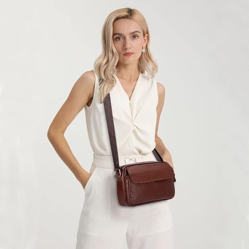 Women's Triple Zip Small Crossbody Bag with Wide Strap Camera Purse Genuine Leather Handbags Shoulder Satchel in Saudi Arabia