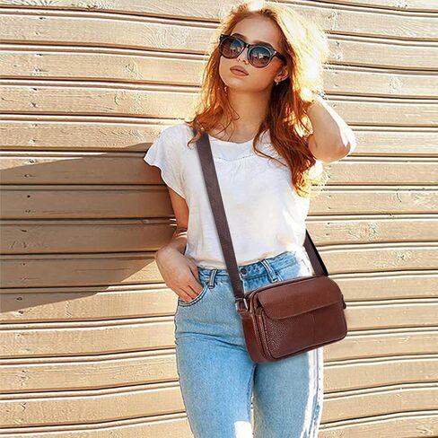 Women's Triple Zip Small Crossbody Bag with Wide Strap Camera Purse Genuine Leather Handbags Shoulder Satchel in Saudi Arabia