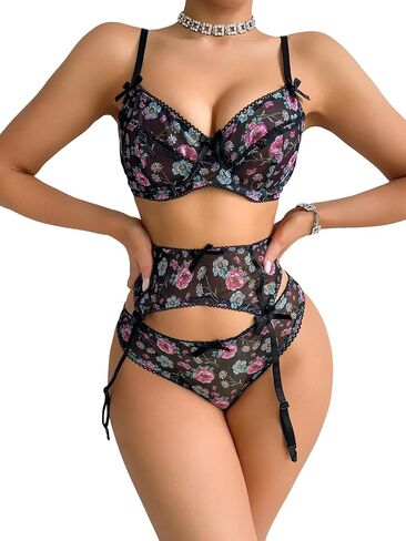 Women's Floral Print Bow Front Underwire Bra and Mid Rise Thong Set 2 Piece Sexy Lingerie Set in Saudi Arabia