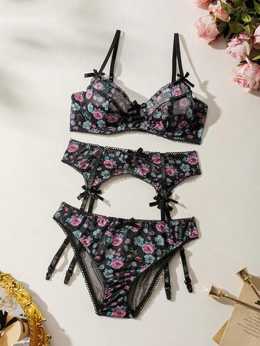 Women's Floral Print Bow Front Underwire Bra and Mid Rise Thong Set 2 Piece Sexy Lingerie Set in Saudi Arabia