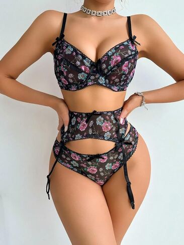 Women's Floral Print Bow Front Underwire Bra and Mid Rise Thong Set 2 Piece Sexy Lingerie Set in Saudi Arabia