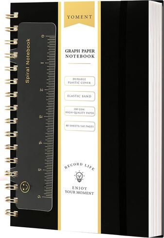 Yoment Graph Paper Spiral Notebook A5 Graphing Notebook 160 Pages Graph Paper Notebook Spiral Bound Waterproof Plastic Hardcover Spiral Journal 5x7 Grid Notebooks for Note Taking,Black in Saudi Arabia
