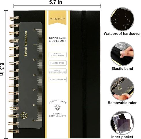 Yoment Graph Paper Spiral Notebook A5 Graphing Notebook 160 Pages Graph Paper Notebook Spiral Bound Waterproof Plastic Hardcover Spiral Journal 5x7 Grid Notebooks for Note Taking,Black in Saudi Arabia