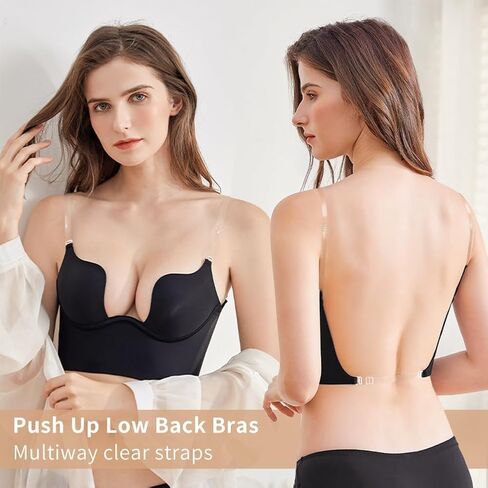 ZUKULIFE حمالات صدر نسائية منخفضة الظهر مع أشرطة شفافة عميقة على شكل حرف V حمالة صدر يغرق منخفضة القطع متعددة الاتجاهات قابلة للتحويل إضافة كوب in Kuwait