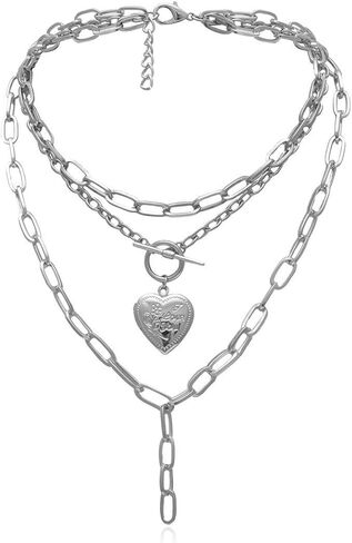 AILUOR Cool Punk Chunky Chain Statement Necklace for Women Girls Heart Shaped Photo Locket Pendant Layered Choker Necklace Jewelry in Saudi Arabia
