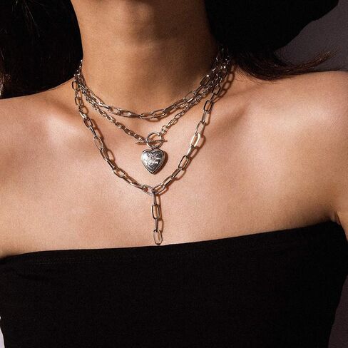 AILUOR Cool Punk Chunky Chain Statement Necklace for Women Girls Heart Shaped Photo Locket Pendant Layered Choker Necklace Jewelry in Saudi Arabia